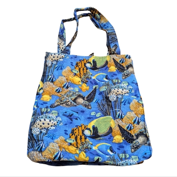 Handmade Cotton Blue Sea Fish Print Shopping Tote Shoulder Bag Artsy - Picture 2 of 4